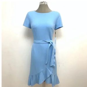 Short Sleeve Round Neck Tie Waist Ruffle Skirt Solid Fit & Flare Dress. Size 16
